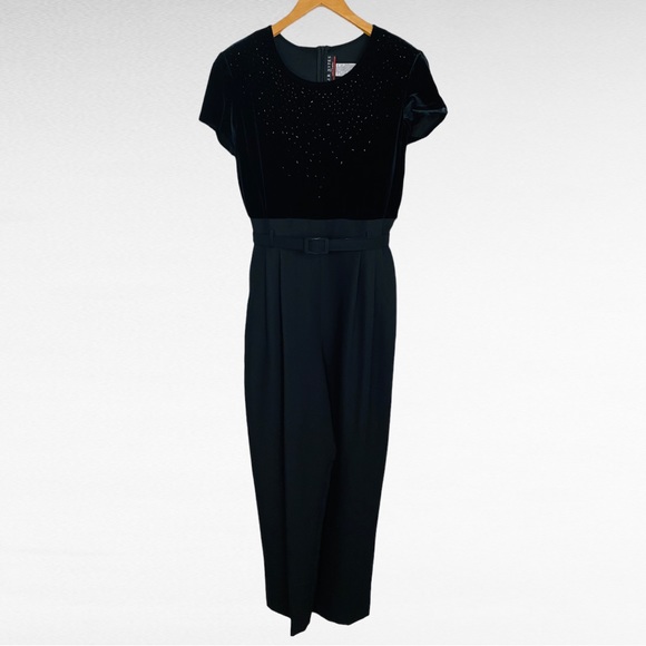 VINTAGE | 1980’s JR Nites by Caliendo Black Beaded Velvet Belted Retro Jumpsuit - Picture 9 of 12